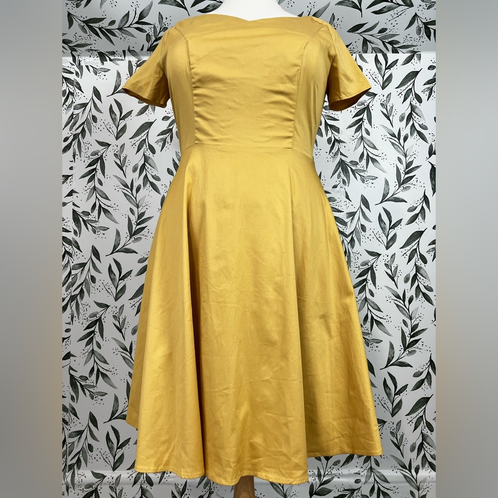 Yellow Retro Vintage Style Midi Dress Size XL Cotton Elegant Classic Cocktail #E - Picture 2 of 14